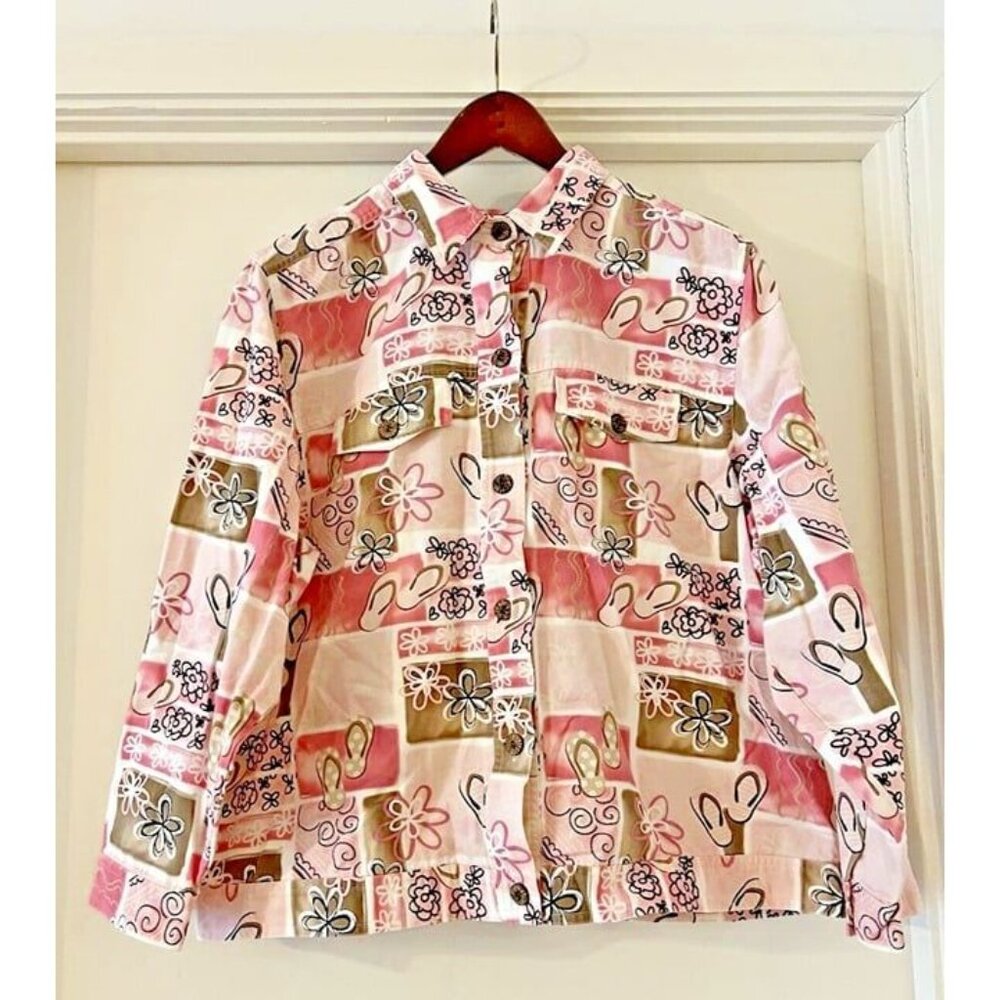 1X Woman CJ BANKS Pink Beachy Florida Floral Collared Long Sleeve Light Jacket‎